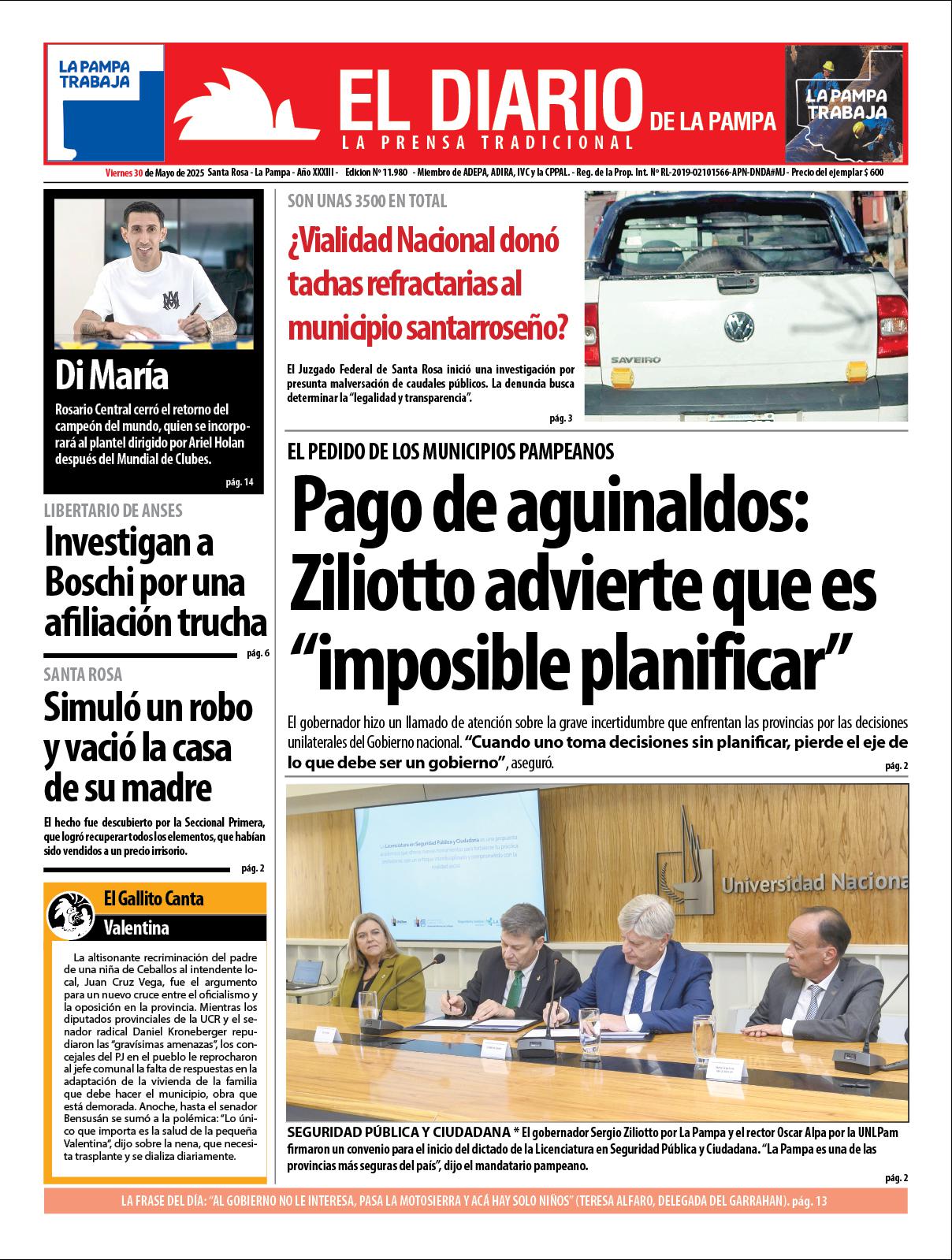 Tapa de El Diario en papel  viernes 30 de mayo de 2025